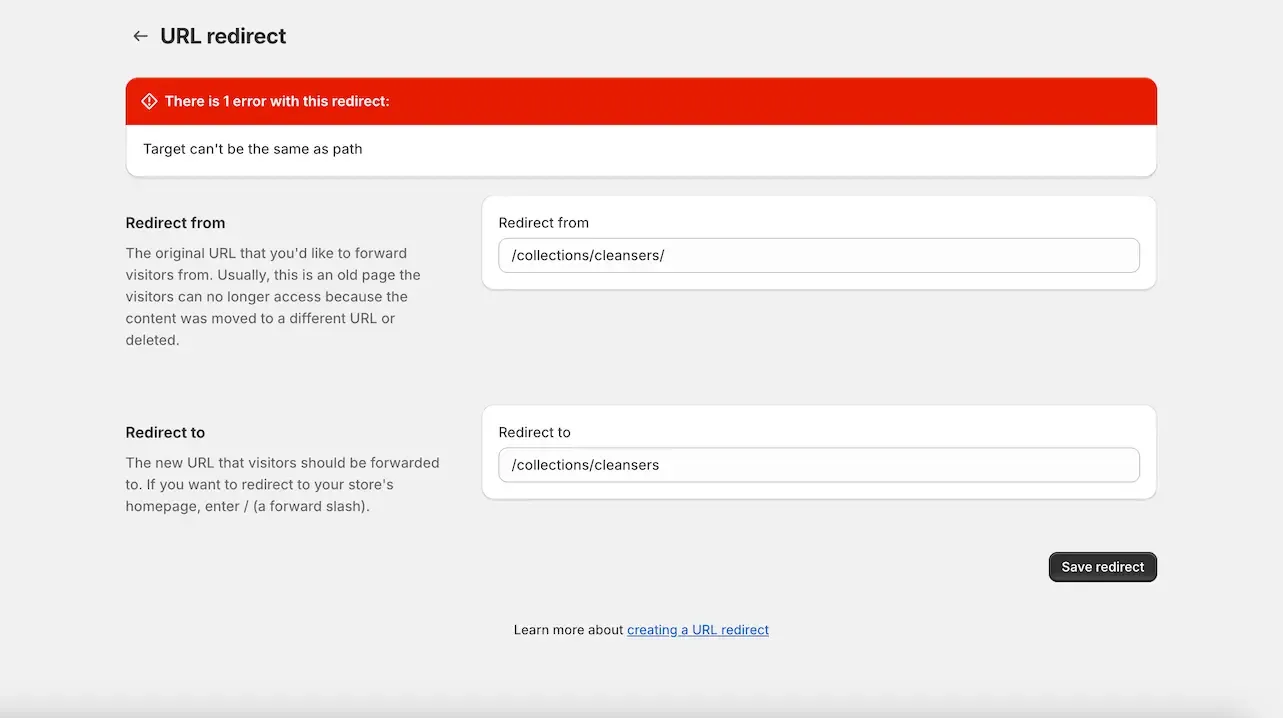 Shopify trailing slash 301 redirect error
